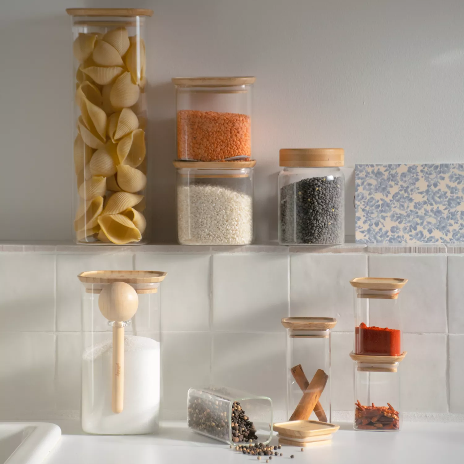 Pebbly Glass & Bamboo Jars with Scoop