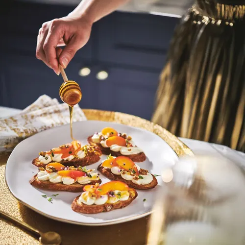 Whipped Ricotta Crostini with Apricots, Honey & Pistachios