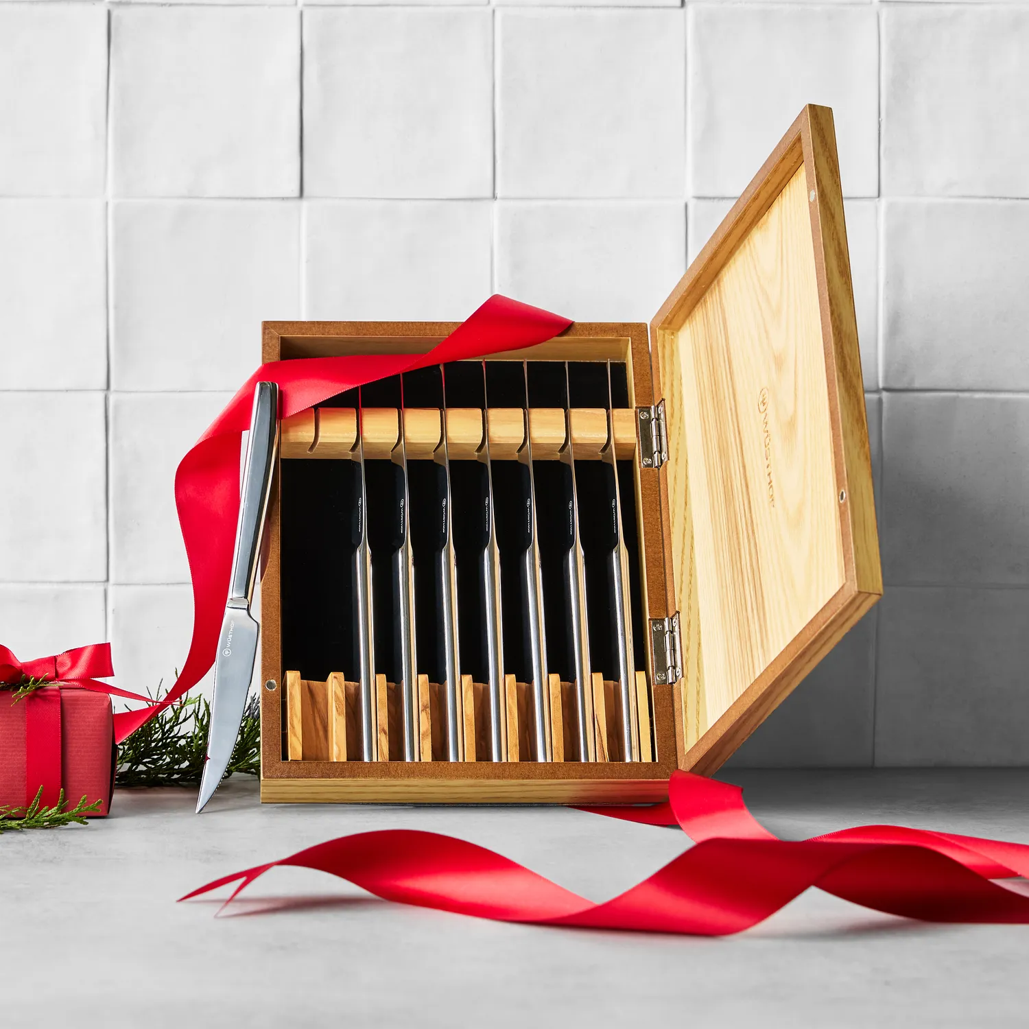 W&#252;sthof Stainless Steak Knife Set in Olivewood Chest