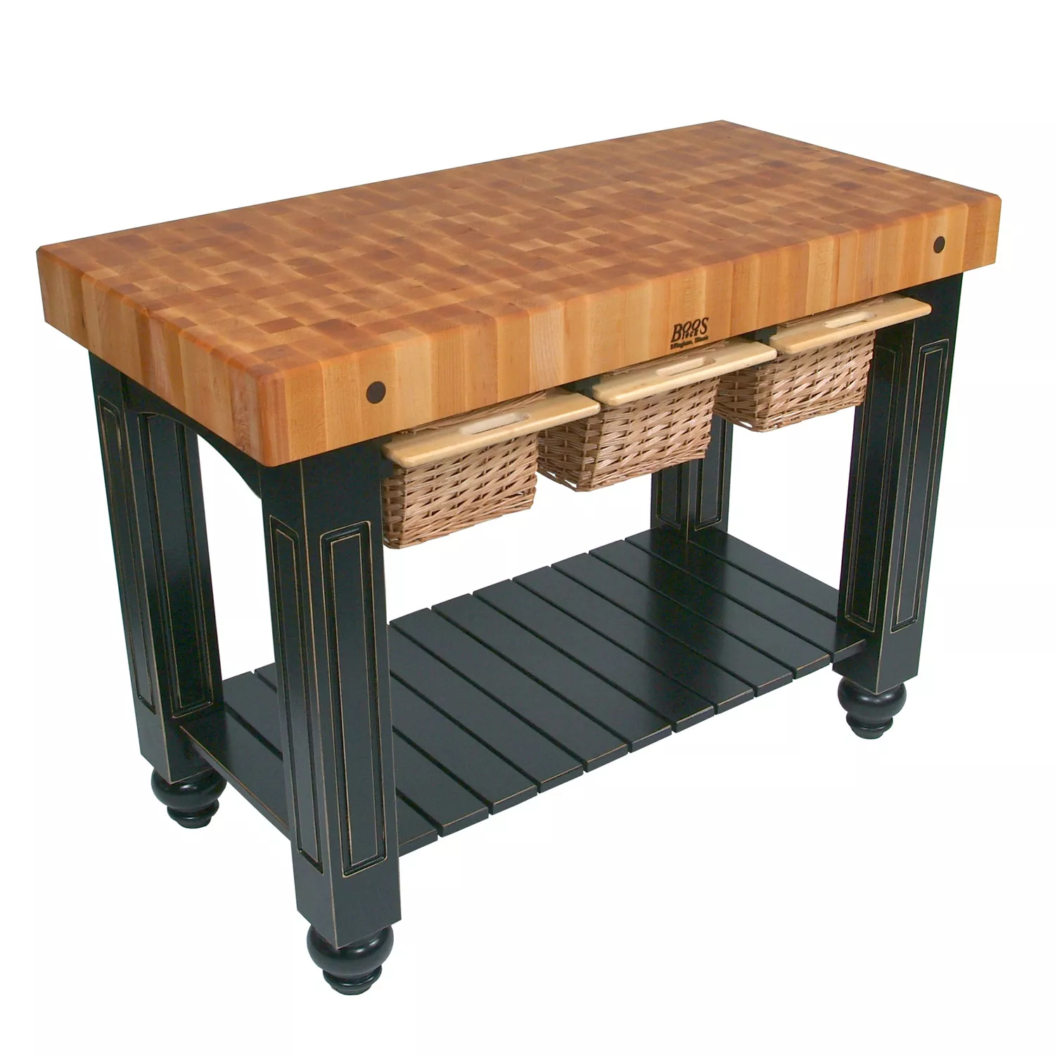 John Boos Maple End Grain 4" Thick Gathering Butcher Block Table with 3 Baskets, 48"x24"x36"