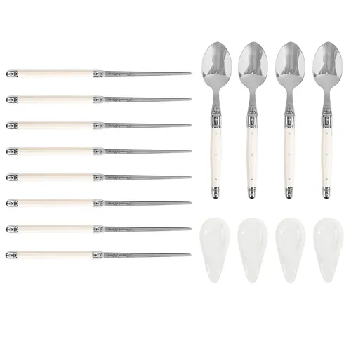 French Home Faux Ivory Chopsticks, Laguiole Spoons and Ceramic Rests, Set of 4 Pairs