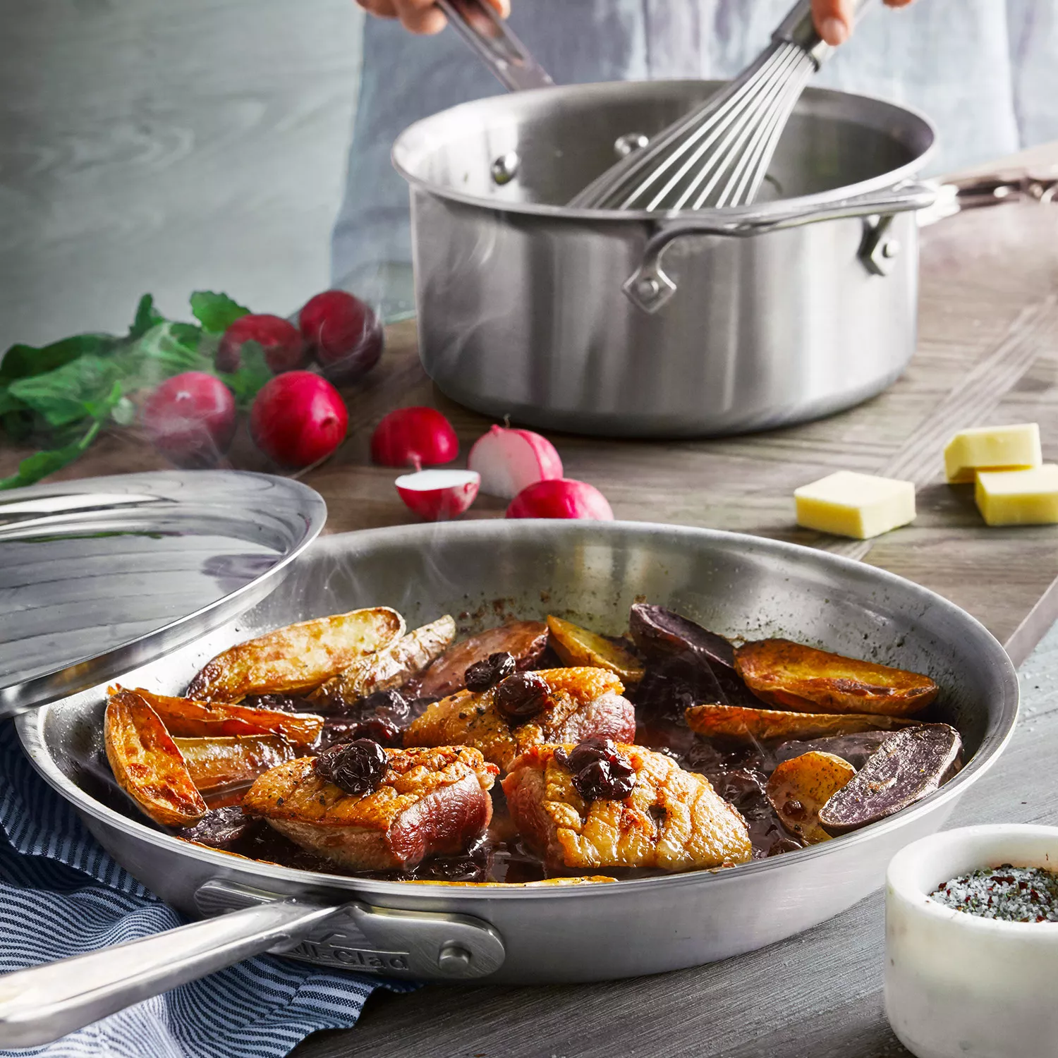 All-Clad D5 Brushed Stainless Steel Skillets w/ Lid