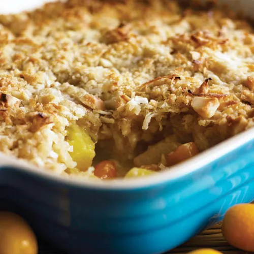 Pineapple, Kumquat, and Ginger Crisp with Coconut Topping