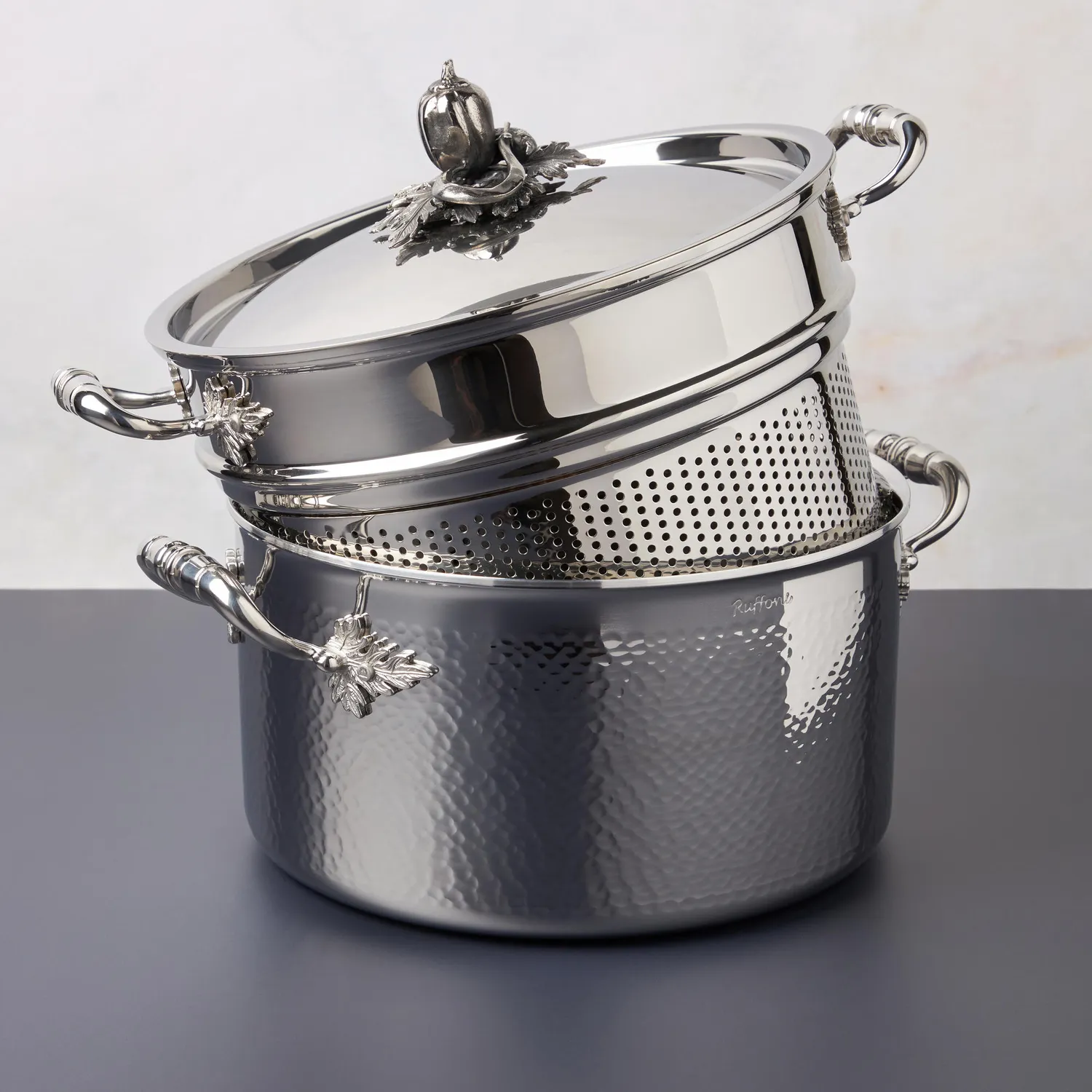 Ruffoni Opus Prima Hammered Stainless Steel Pasta Pot with Strainer Insert