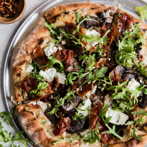 Grilled Mushroom, Chevre and Prosciutto Pizza with Garlic White Sauce