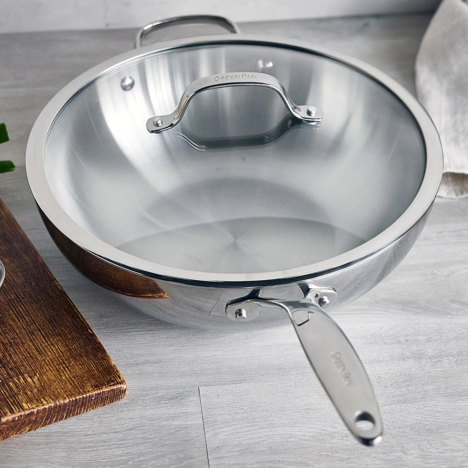 GreenPan Valencia Pro 3-Ply Stainless Steel Wok with Lid, 12" 