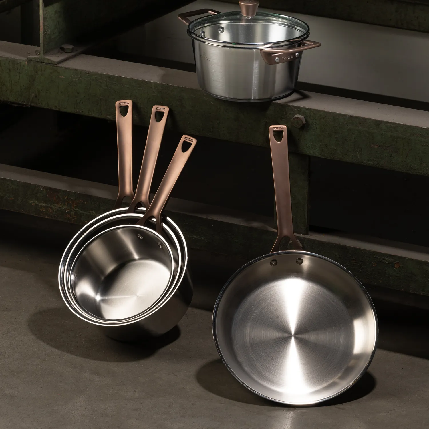Cristel 1826 Stainless Steel Skillet with Antique Brass Handle