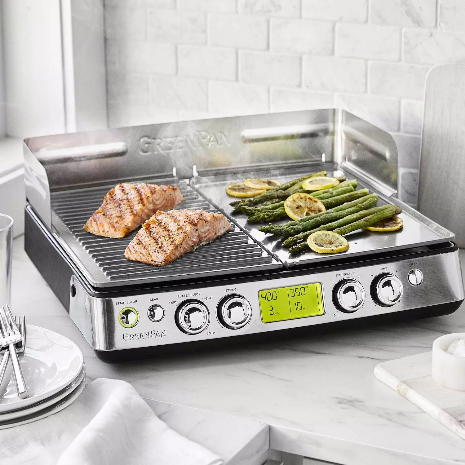 GreenPan Premiere Smoke-Less Grill & Griddle with Ceramic Nonstick Coating  in Stainless Steel