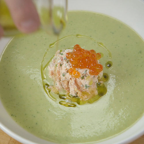 Asparagus Soup with Smoked Salmon, Creme Fraiche and Salmon Caviar