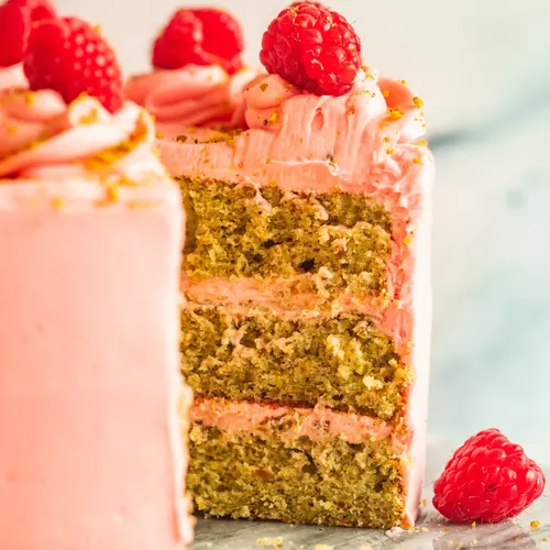 Pistachio Cake with Fresh Raspberry Buttercream