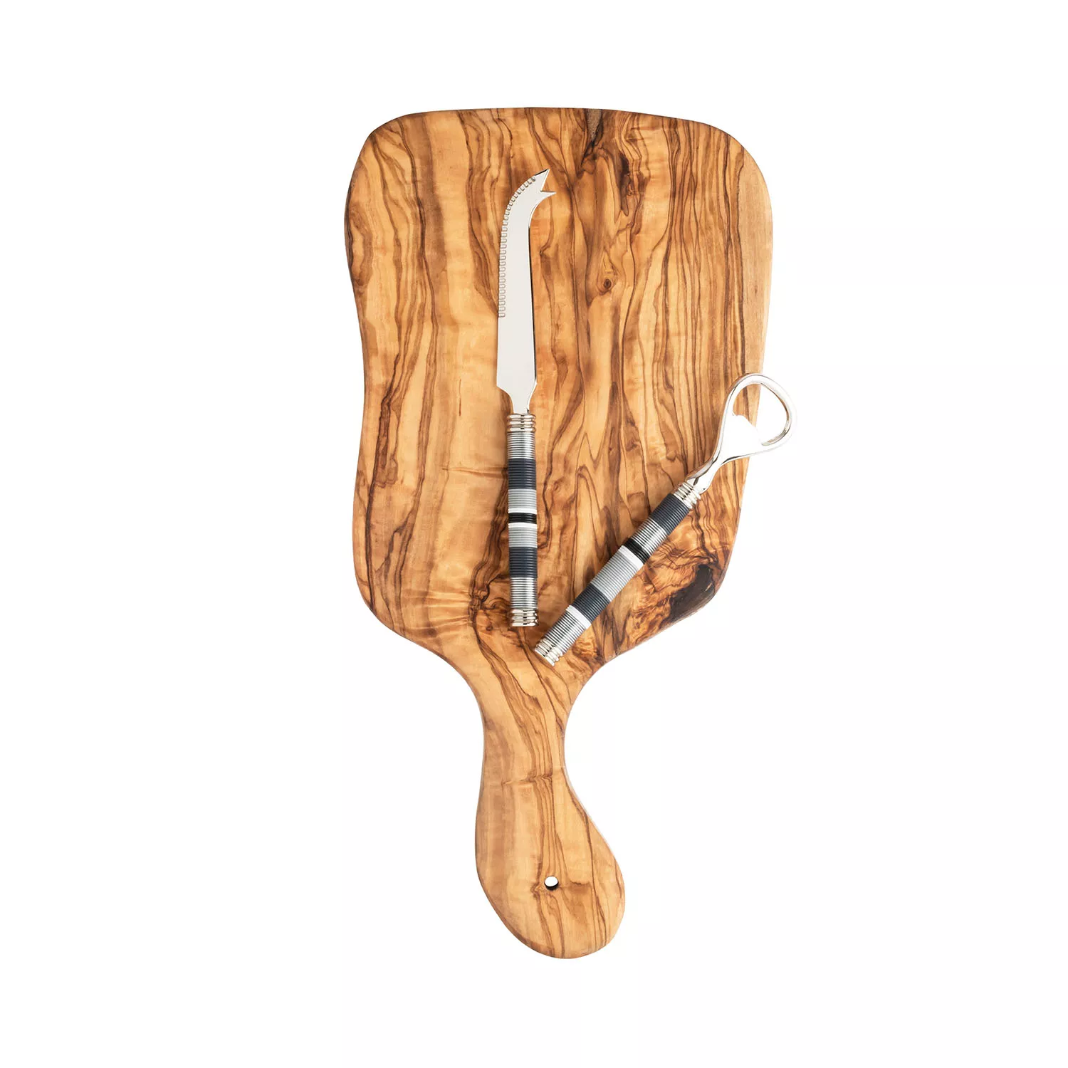 French Home Jubilee Cheese Knife, Bottle Opener & Olivewood Board Set