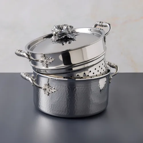Ruffoni Opus Prima Hammered Stainless Steel Pasta Pot with Strainer Insert