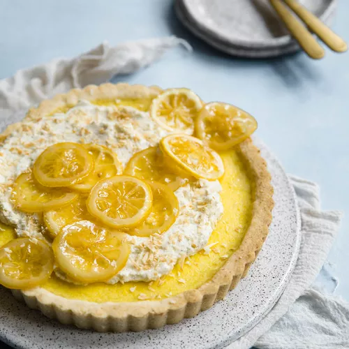 Lemon Coconut Tart with Vanilla Bean Crème Fraîche and Candied Lemons