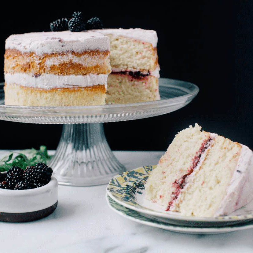 Vanilla White Cake with Blackberry Mascarpone Frosting and Blackberry-Tarragon Jam