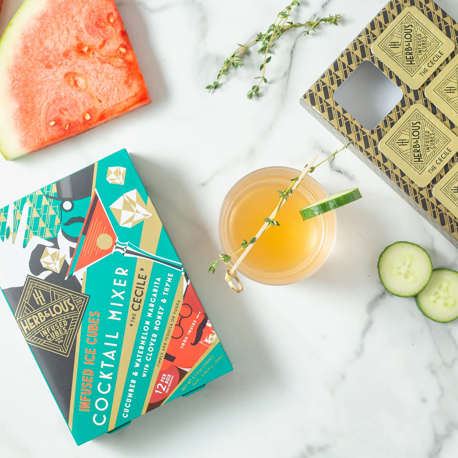 Herb & Lou's Cucumber & Watermelon Margarita Cocktail Infused Ice Cubes, Set of 12