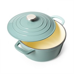 Sur La Table Enameled Cast Iron Round Dutch Oven, 5 qt. I am thrilled to have found such a beautiful and multi-use pot!  I had avoided cast iron pots and pans before because without the glazing on the bottom,  I couldn