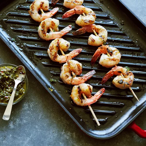 Lemon Oregano Shrimp Skewers with Chimichurri Dipping Sauce