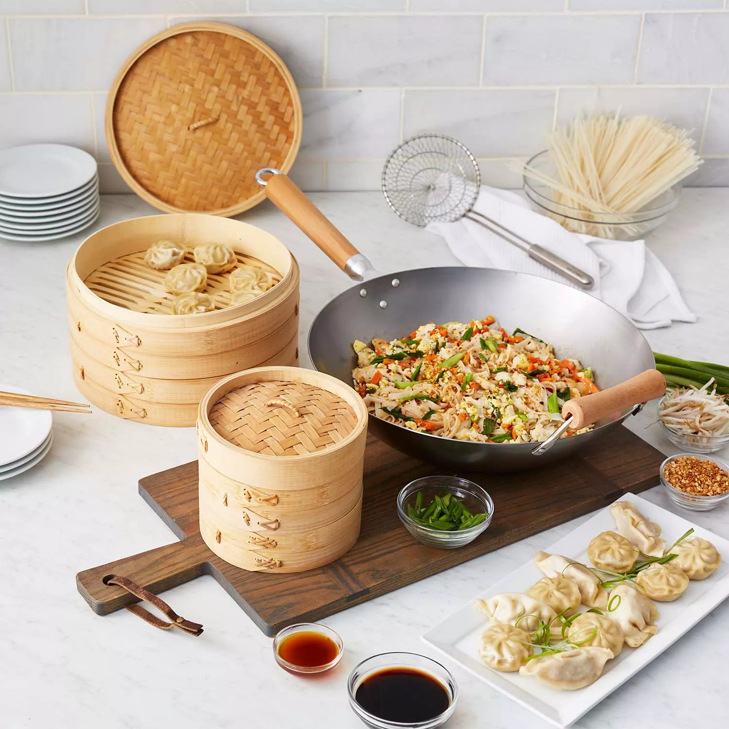 Small Bamboo Steamer Cooker Basket 3 Piece Steaming Wok Cooking 8 x 6 In  Box