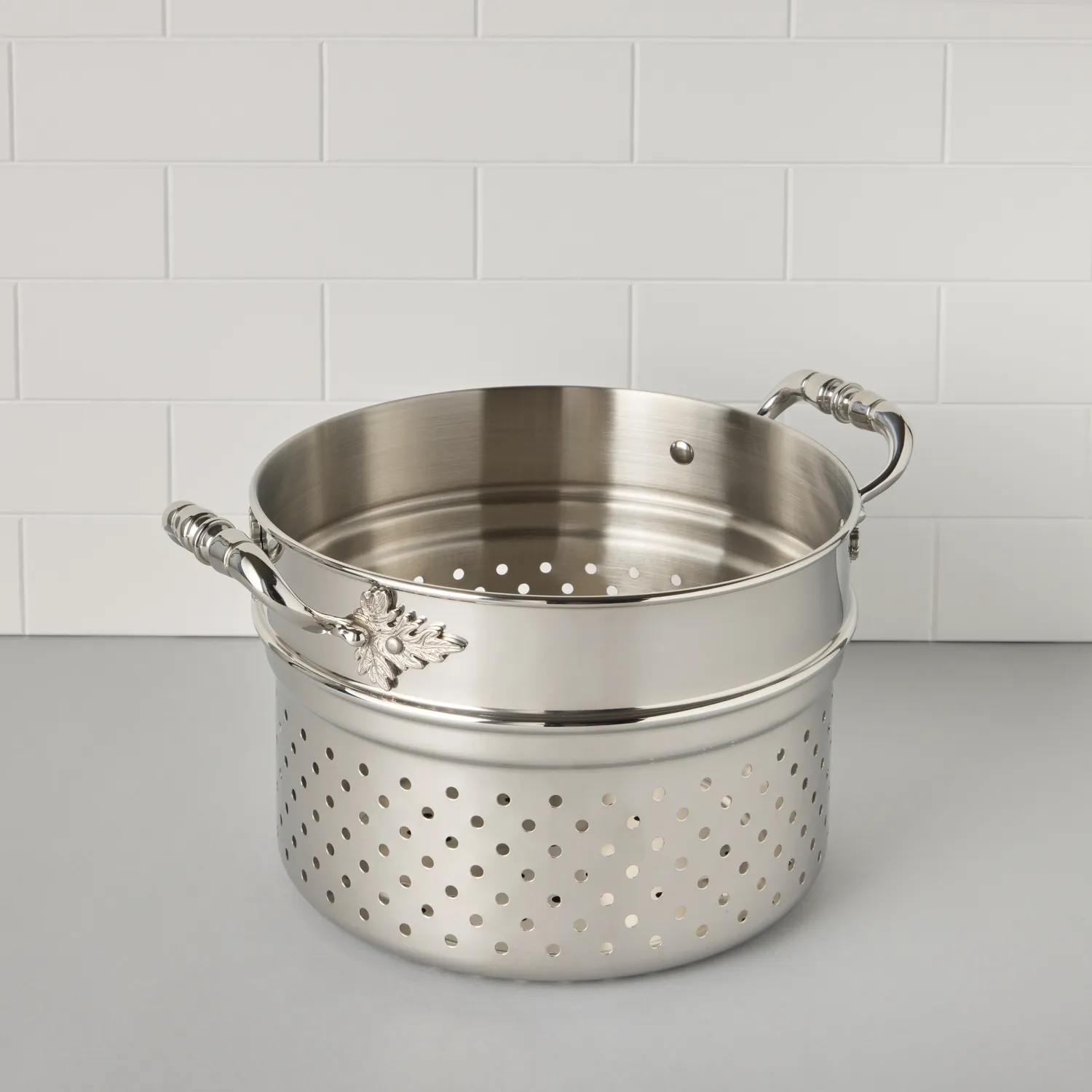Ruffoni Opus Prima Hammered Stainless Steel Pasta Pot with Strainer Insert