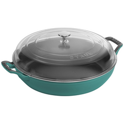 Staub Heritage All-Day Pan with Domed Glass Lid, 3.5 qt. Inverting the lid in the pan it is possible to stack other cast iron pots & pans on top