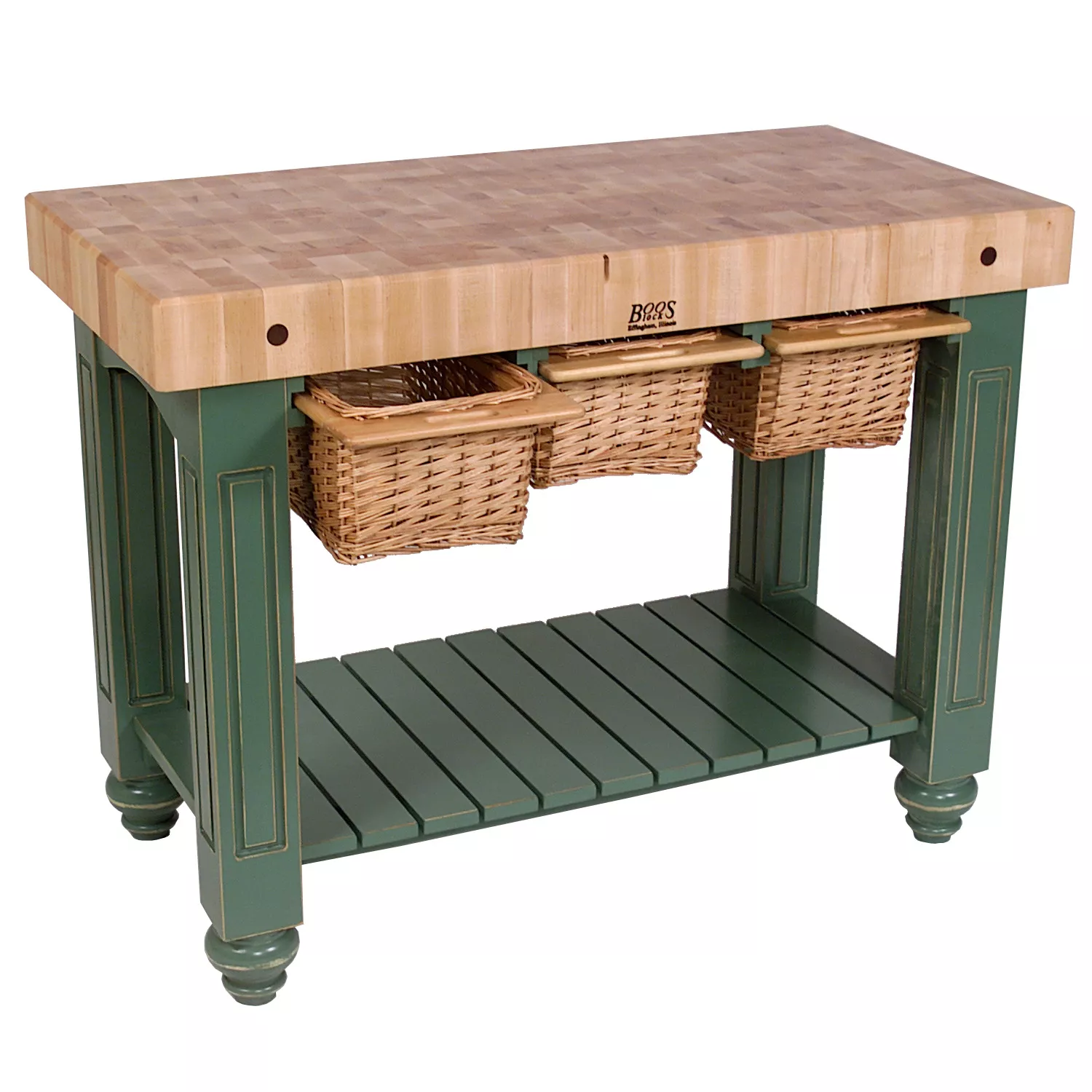 John Boos Maple End Grain 4" Thick Gathering Butcher Block Table with 3 Baskets, 48"x24"x36"