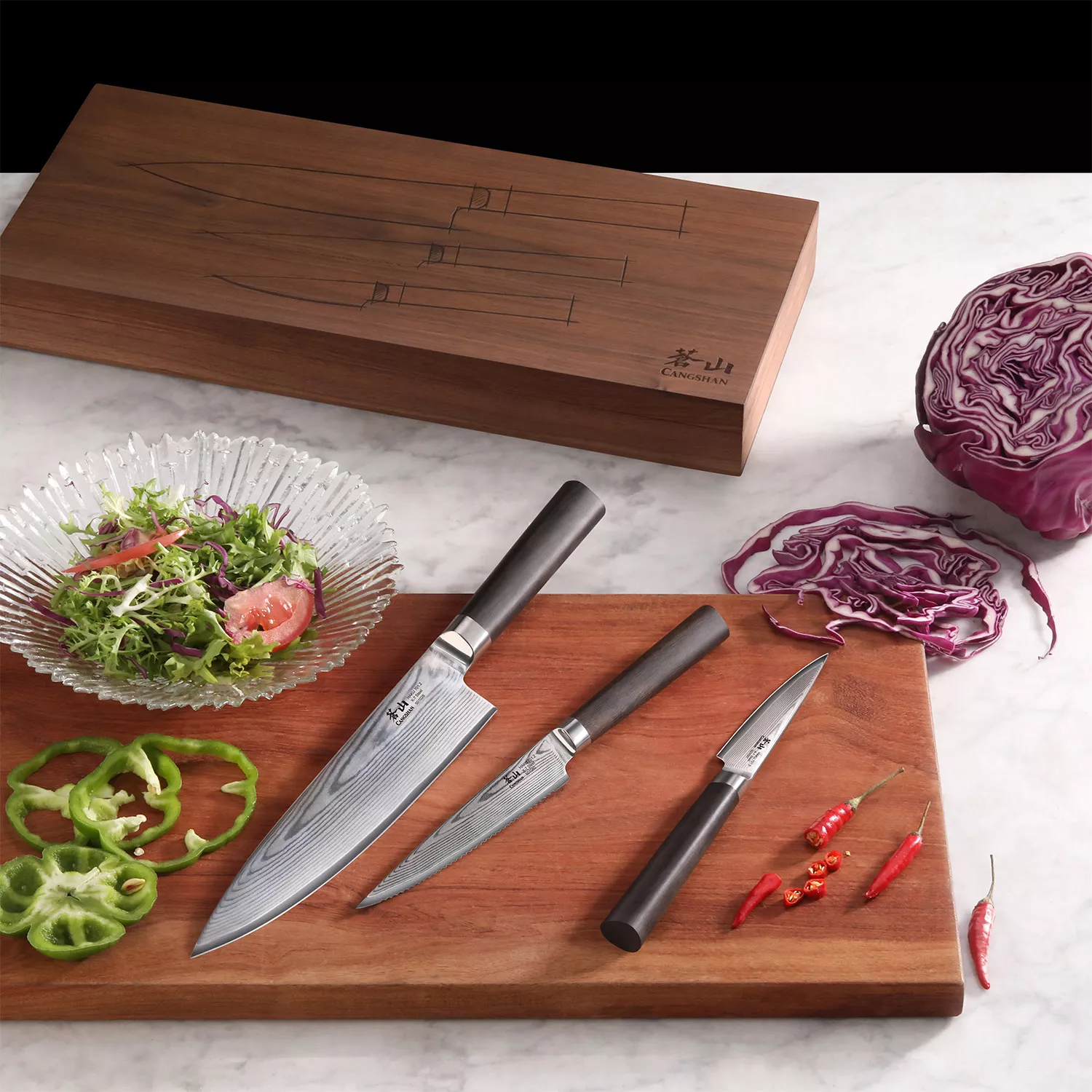 Cangshan Haku Damascus Steak Knife Set w/Walnut Box S/4