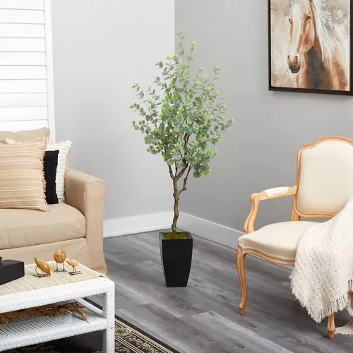 Nearly Natural Eucalyptus Silk Tree in Black Planter