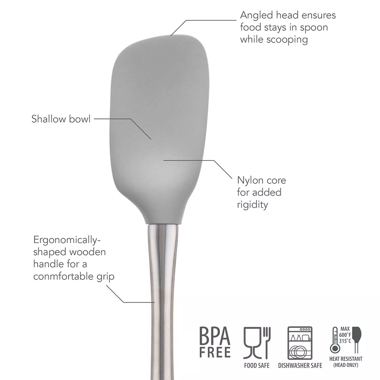 Tovolo tovolo flex-core white wood-handled spoonula, silicone spoon spatula  head with ergonomic grip & wooden handle, silicone spatu
