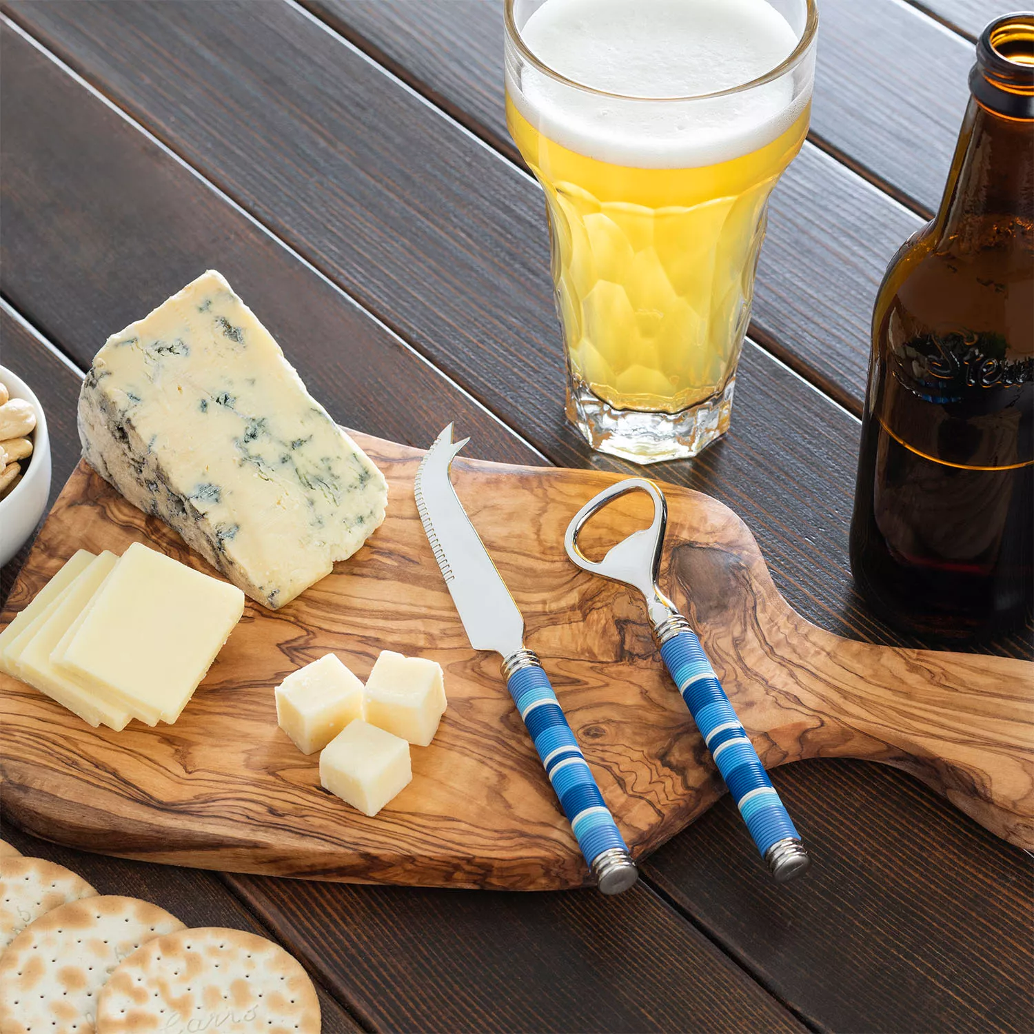 French Home Jubilee Cheese Knife, Bottle Opener & Olivewood Board Set