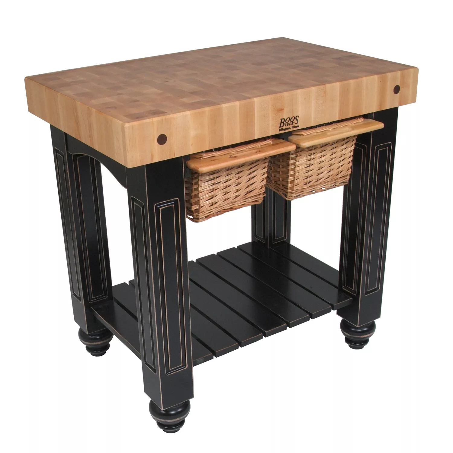 John Boos Maple End Grain 4" Thick Gathering Butcher Block Table with 2 Baskets, 36"x24"x36"