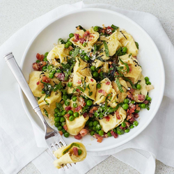 Goat Cheese Tortellini with Pancetta, Sweet Peas, and Mint
