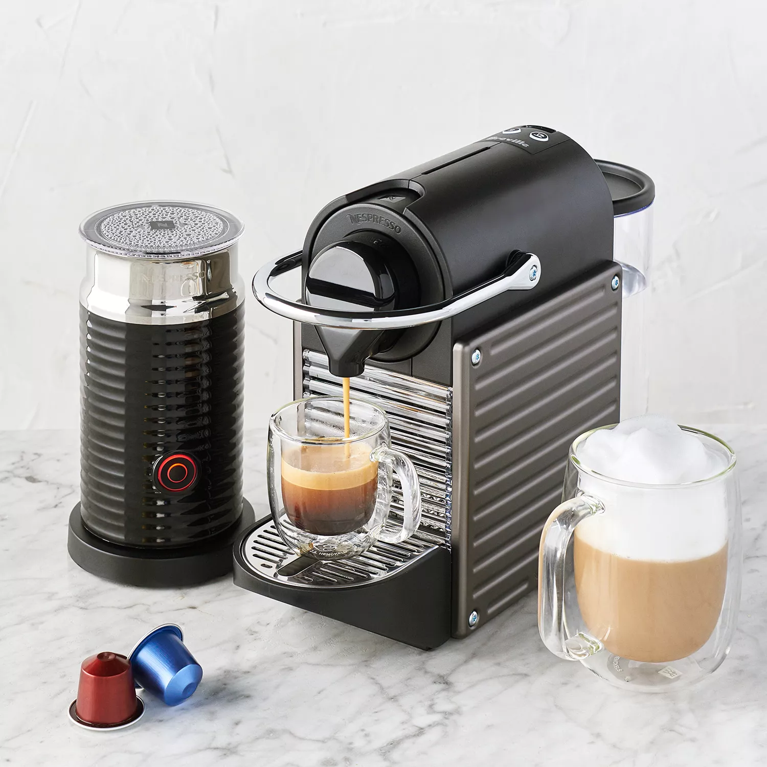 Breville Nespresso Pixie Single-Serve Espresso Machine in New Electric  Titanium and Aeroccino Milk Frother in Black 