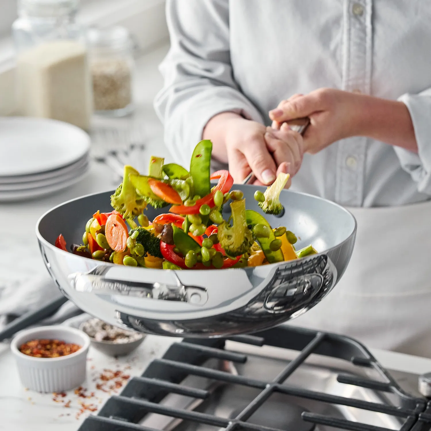 GreenPan Stainless Steel Valencia Pro Ceramic Nonstick Wok w/ Lid, 12"