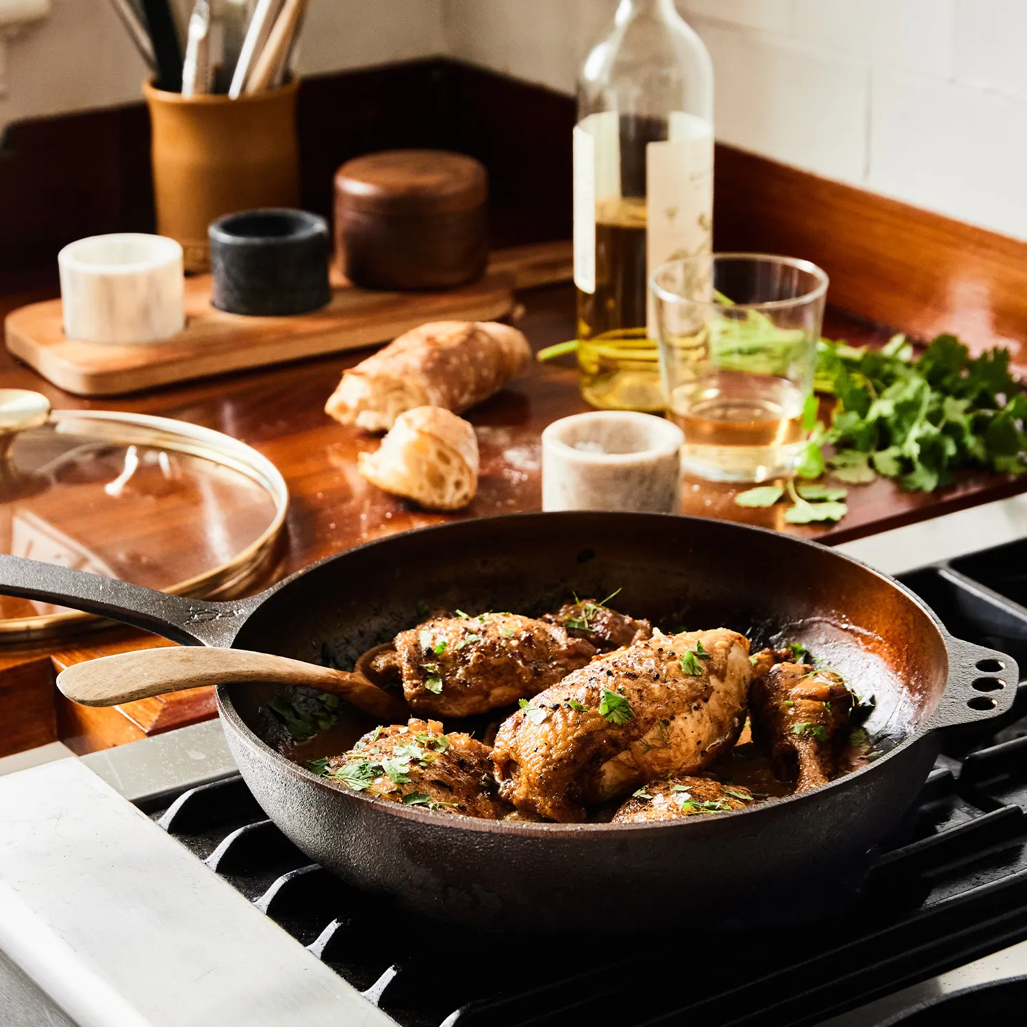 Smithey Polished Cast Iron Deep Skillet with Lid, 11"
