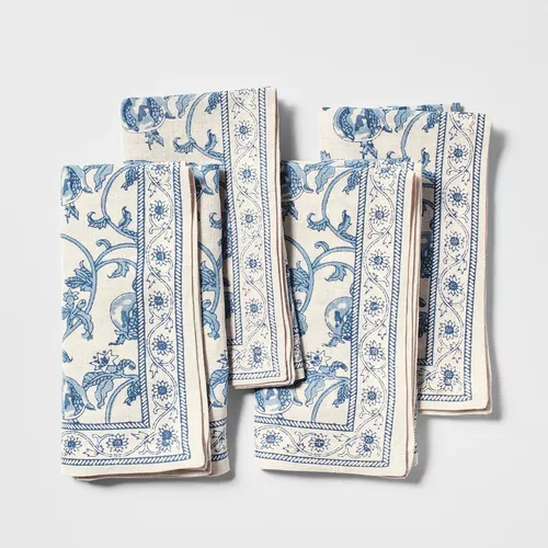 Elegant Blue & White Floral Cotton Linen Napkins - Set of 4