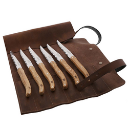 Dubost Laguiole Olivewood Steak Knives with Leather Bag, Set of 6