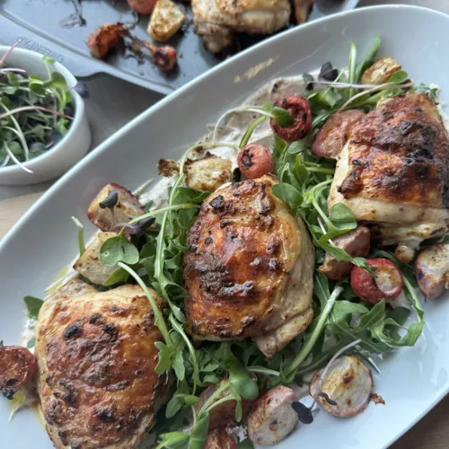 Sheet Pan Yogurt Roasted Chicken and Radishes