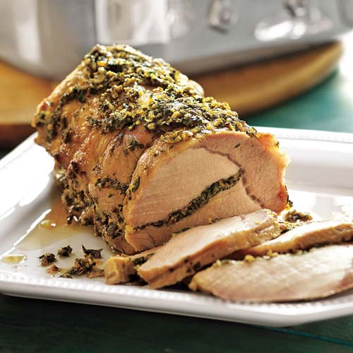 Pork Loin Stuffed with Spinach, Olives and Pine Nuts