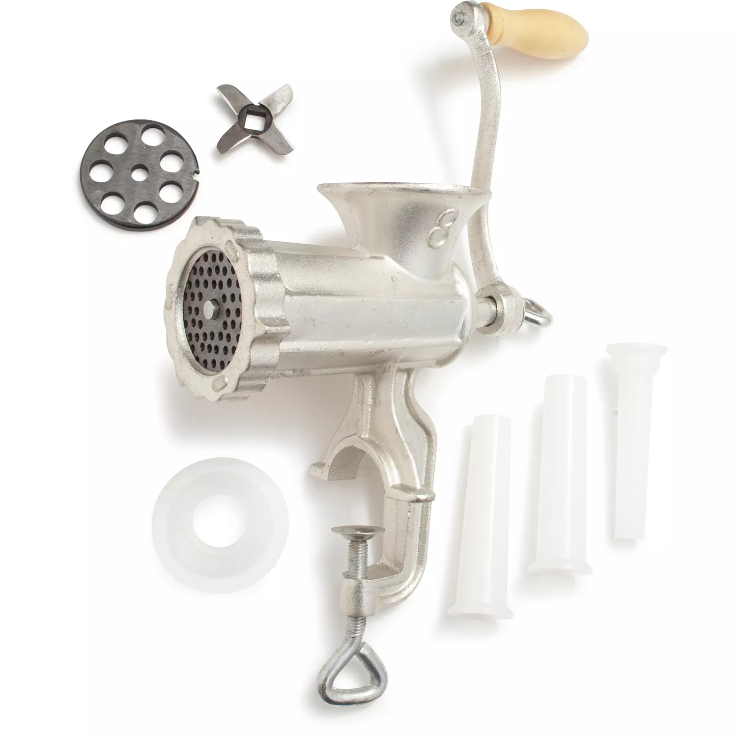 Cucinapro Meat Grinder with Tabletop Clamp & 2 Cutting Disks, Cast Iron Heavy Duty Sausage Maker and Meat Mincer, Silver