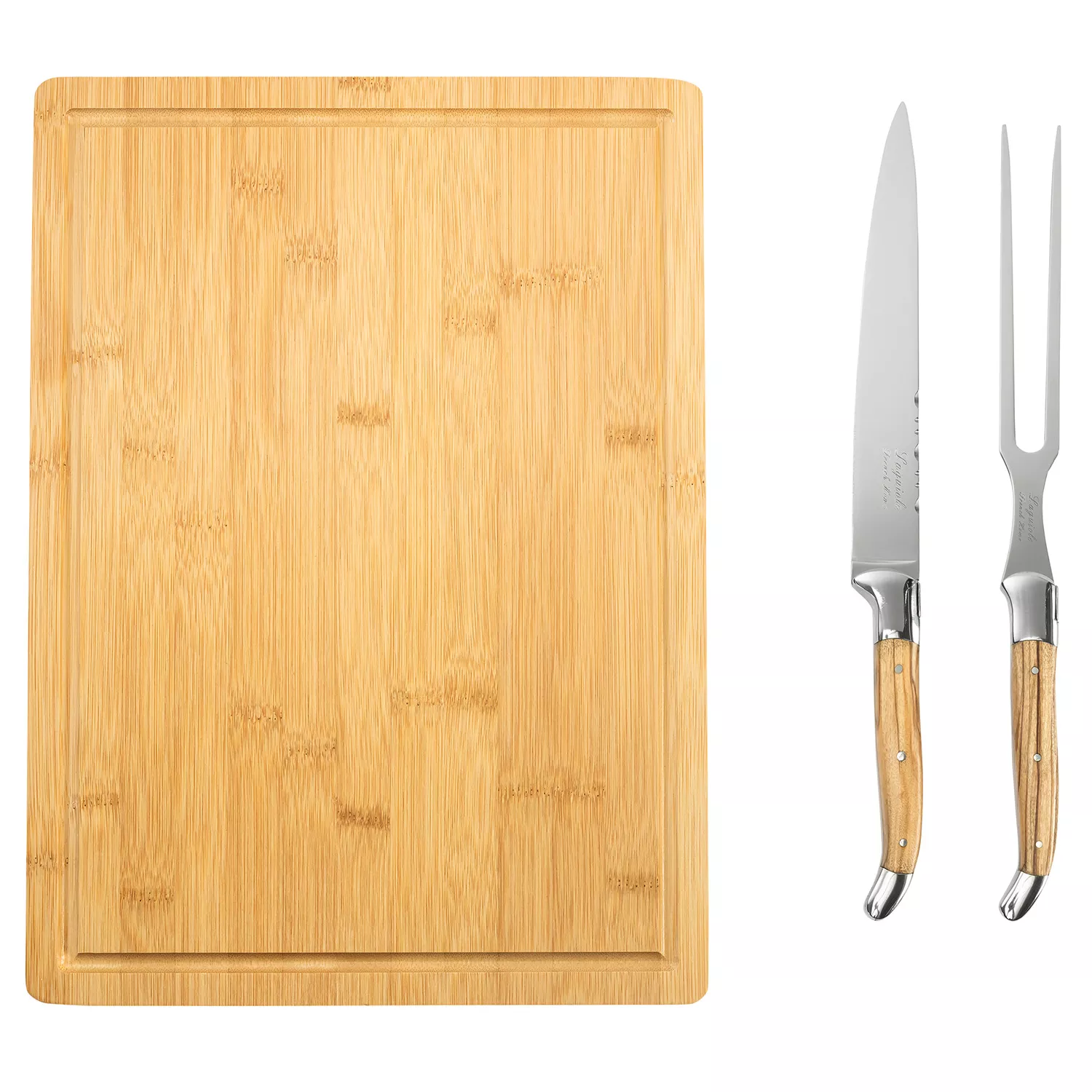French Home Connoisseur Olive Wood Carving Set and Bamboo Cutting Board with Moat