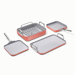 Caraway Ceramic Nonstick Squareware 5-Piece Cookware Set with Bonus Storage From Caraway we started with the pan sets and expanded our collection to the backing set