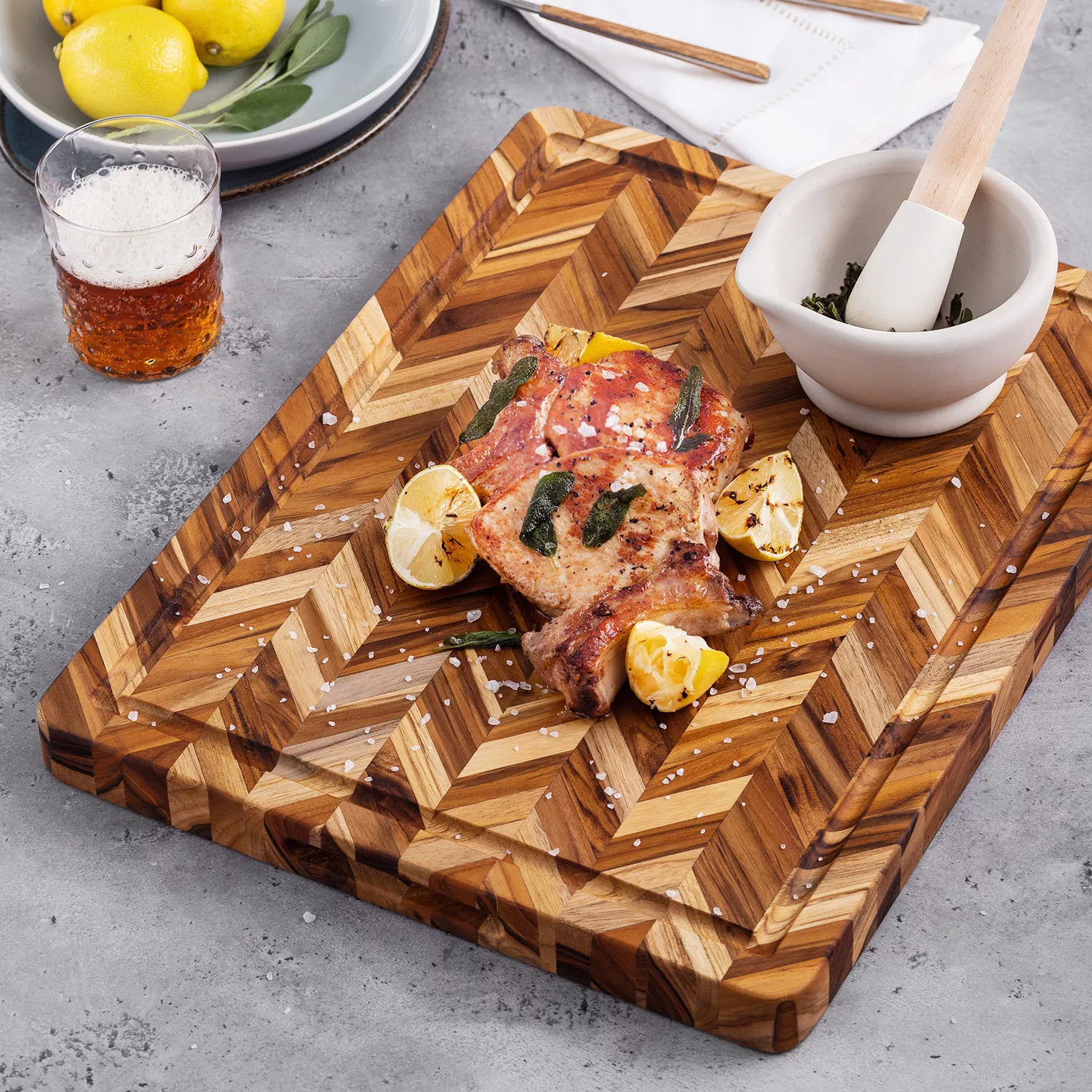 3-Piece Natural Rectangle Shape Real Teak Wood Durable Hard Wooden Cutting Chopping Board Set with Juice Groove