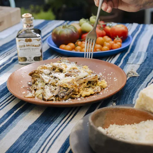 Roasted Castelfranco with Soft Scrambled Eggs, Parmigiano, and Balsamic Vinegar