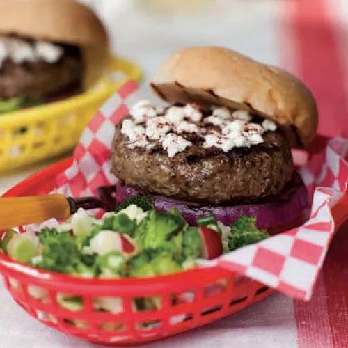 Stilton-Stuffed Burgers with Caramelized Red Onions and Balsamic Vinegar