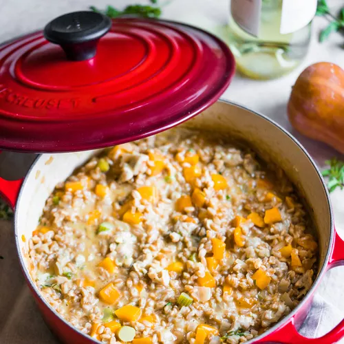 Farro Risotto with Sausage, Fennel and Squash
