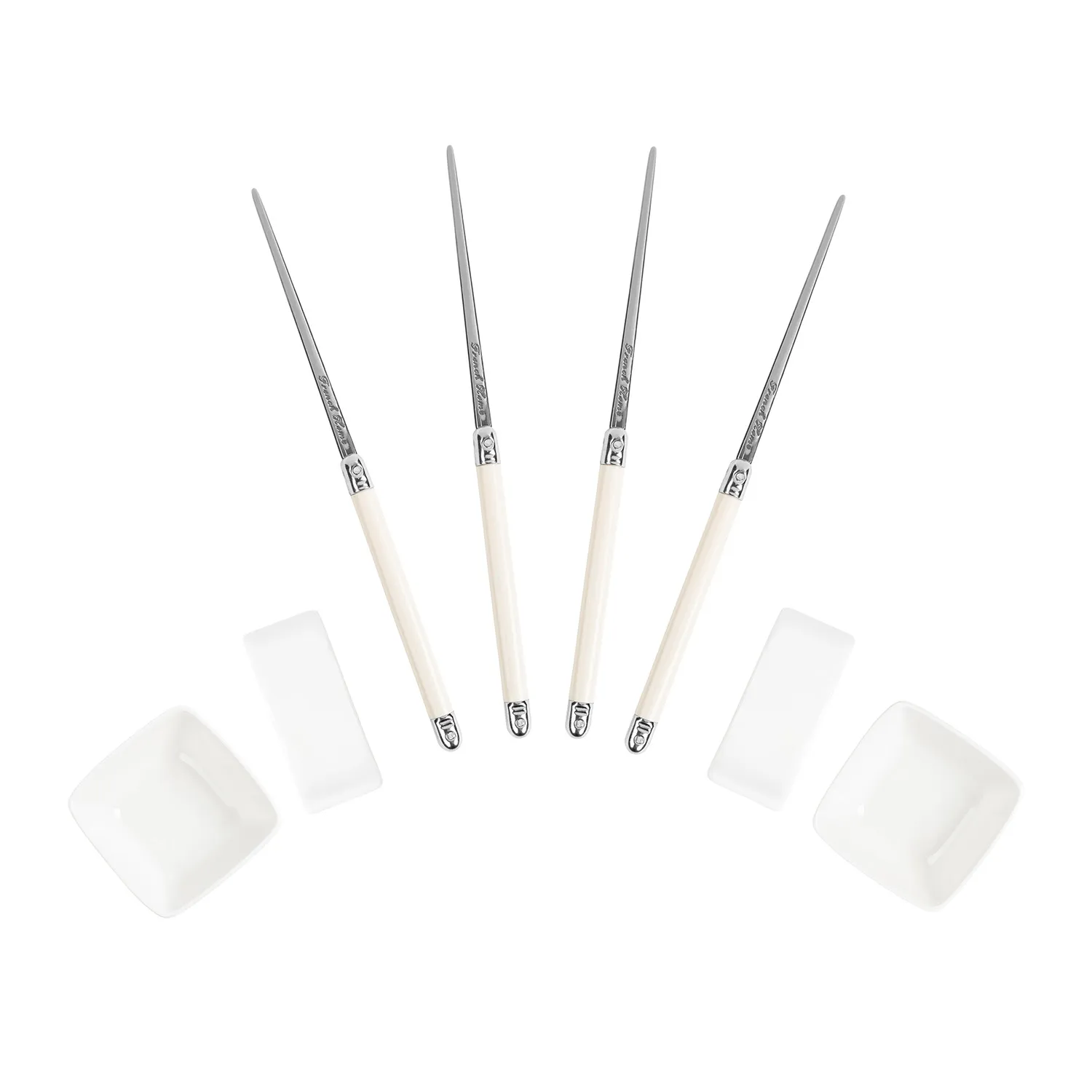 French Home Chopsticks with Faux Ivory Handles, Ceramic Rests & Sauce Bowls, Set of 2