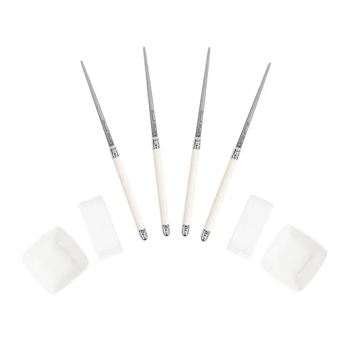 French Home Chopsticks with Faux Ivory Handles, Ceramic Rests & Sauce Bowls, Set of 2
