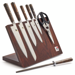 Miyabi Black 8-Piece Knife Block Set I love that this set is on a magnetic easel block, that way you can see the beautiful blades rather than them hiding in a traditional block
