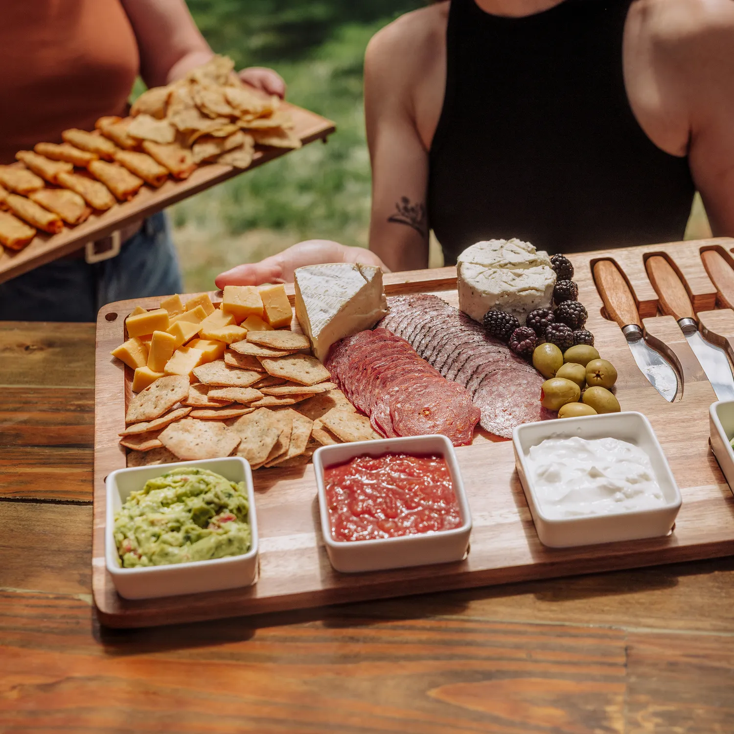 Picnic Time Acacia Picada Tapas & Cheese Board Set with Dip Bowls