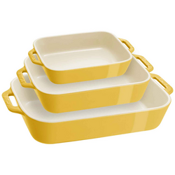 Staub Stoneware Rectangular Bakers, Set of 3 I just received my shipment of the Staub 3 baking pan ceramic set and am excited to use the large baking pan to bake enchiladas for supper